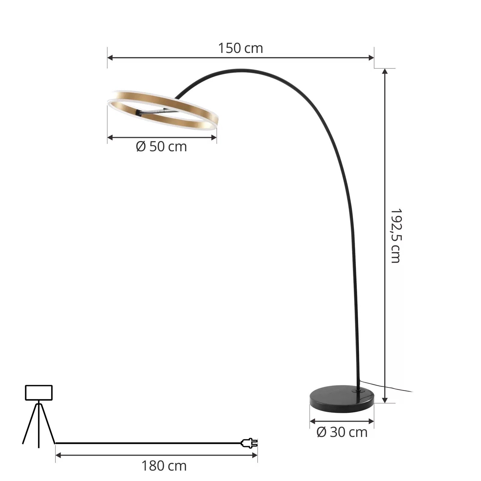 Lucande Lampe LED arquée Yekta, couleur laiton, 183 cm, intensité variable