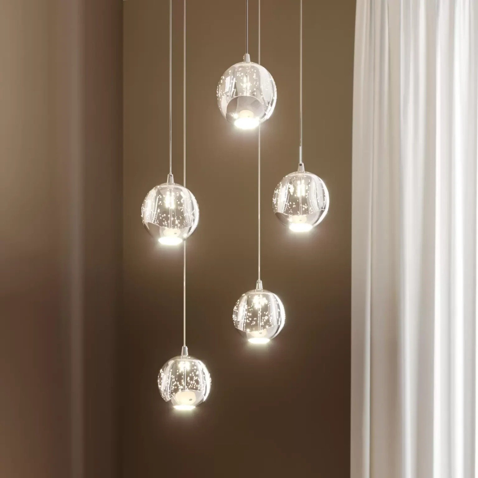 Lucande Suspension LED Hayley, Ø 30 cm, 5 lampes, chrome, verre