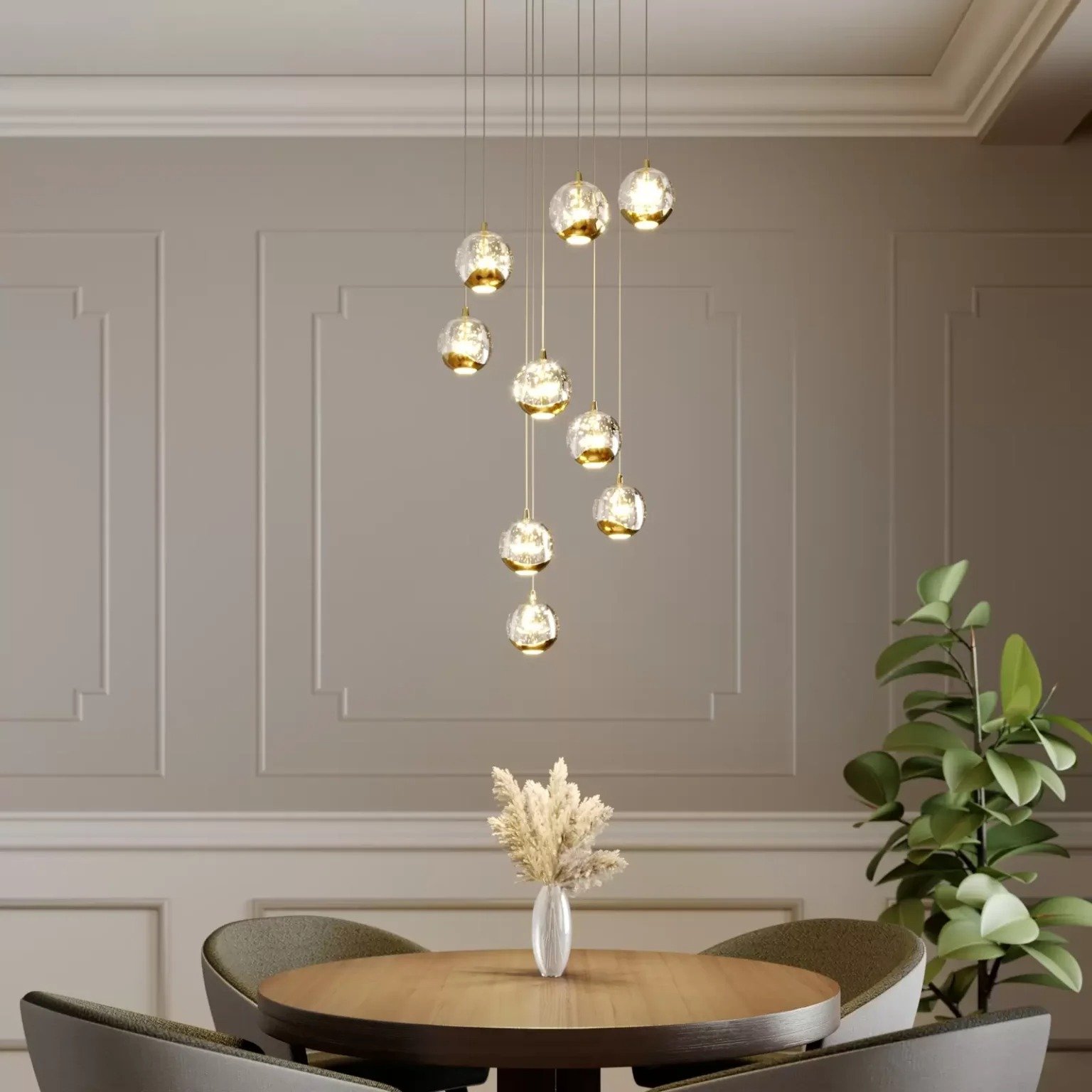 Lucande Suspension LED Hayley, Ø 40 cm, 9 lampes, or, verre