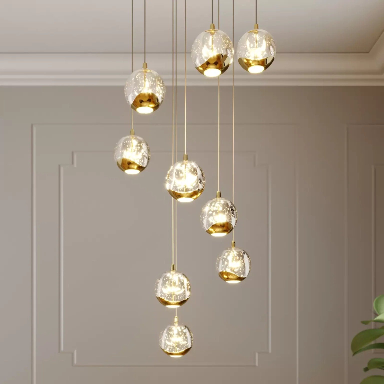 Lucande Suspension LED Hayley, Ø 40 cm, 9 lampes, or, verre