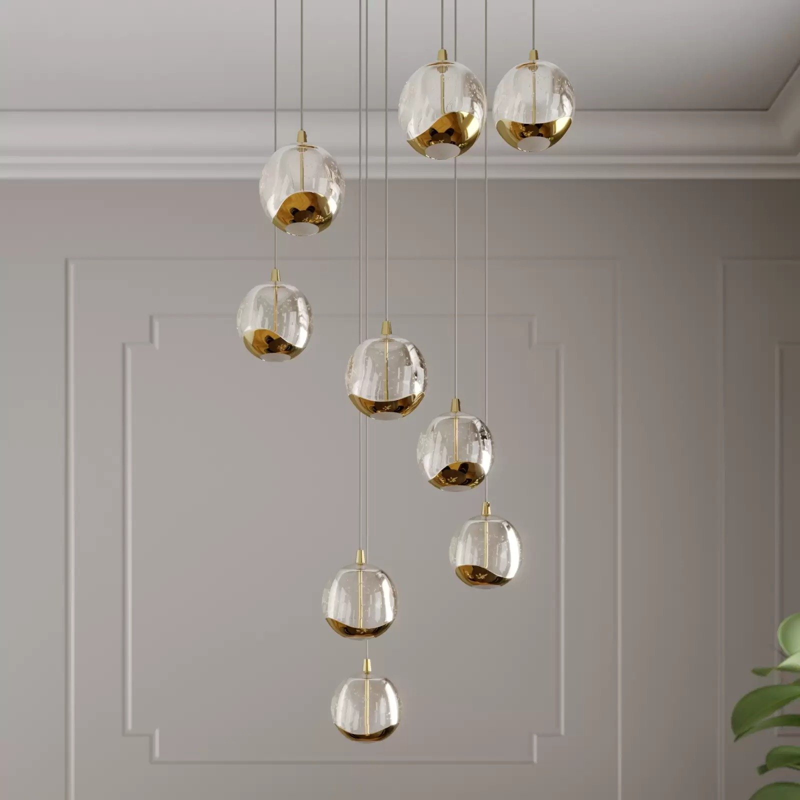 Lucande Suspension LED Hayley, Ø 40 cm, 9 lampes, or, verre