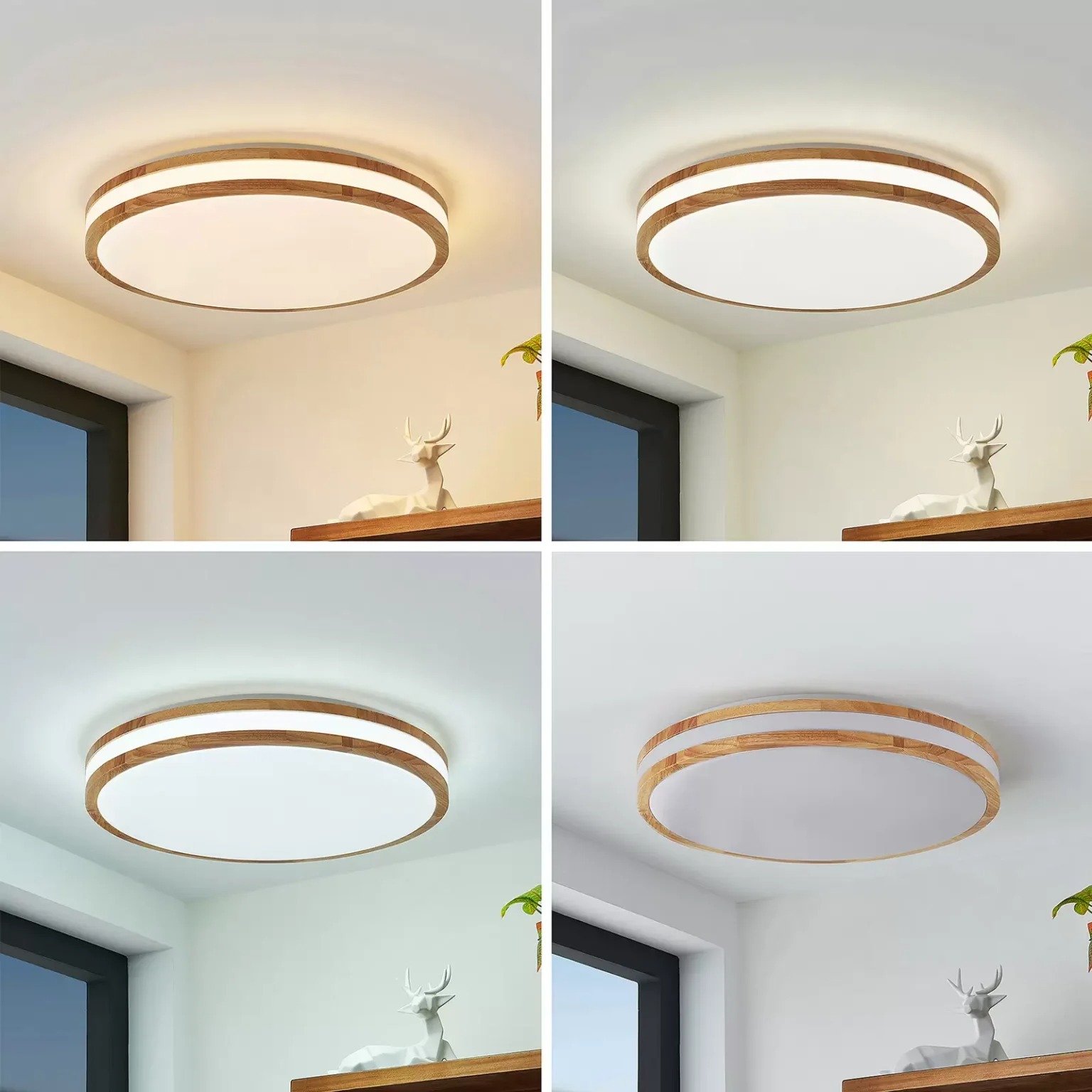 Lindby Plafonnier LED Emiva, 50cm, CCT, télécommande, bois